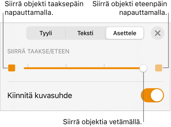 Siirrä taakse -painike, Siirrä eteen -painike ja kerrosliukusäädin.