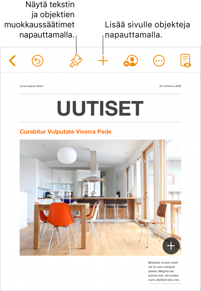 Pages-dokumentti ja työkalupalkki, jossa on painikkeita Muoto-säätimien avaamiseen ja objektien lisäämiseen.