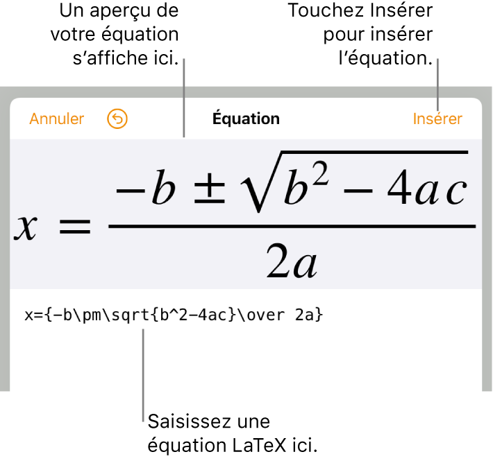 Formule quadratique composée à l’aide du langage LaTeX dans le champ Équation et aperçu de la formule en bas.