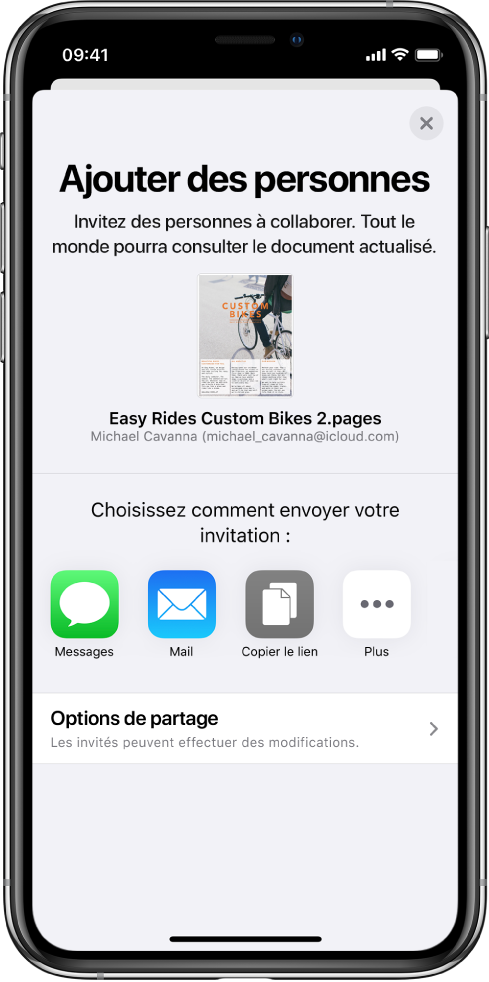 L’écran Ajouter des personnes affichant une image du document à partager. En dessous se trouvent des boutons permettant d’envoyer l’invitation de diverses façons, notamment les boutons Messages, Mail, Copier le lien et Plus. Au bas se trouve le bouton Options de partage.