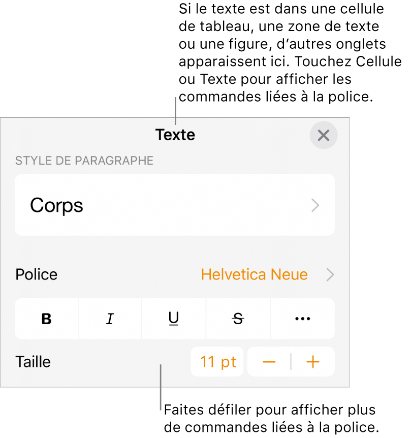 Commandes de texte du menu Format permettant de définir les styles, la police, la taille et la couleur des paragraphes et des caractères.