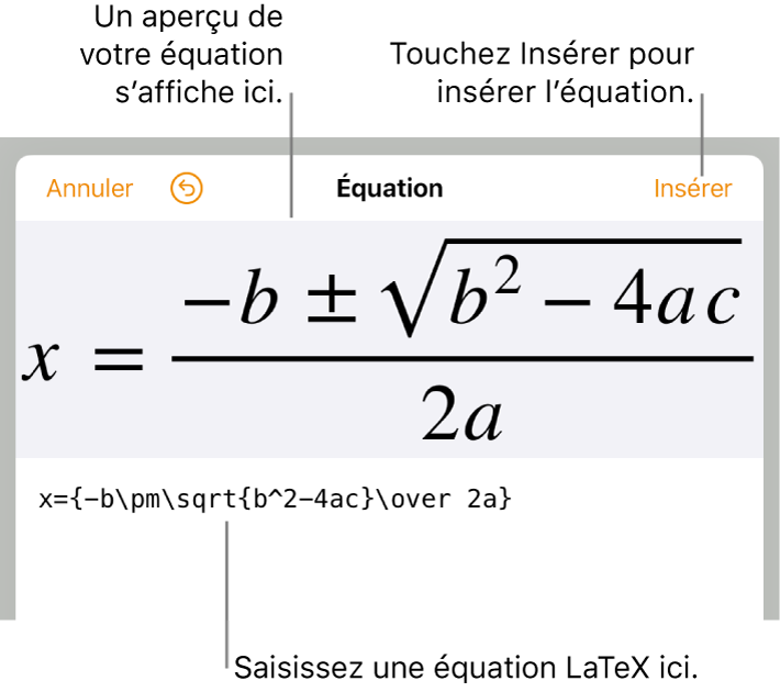 Formule quadratique composée à l’aide du langage LaTeX dans le champ Équation et aperçu de la formule en bas.