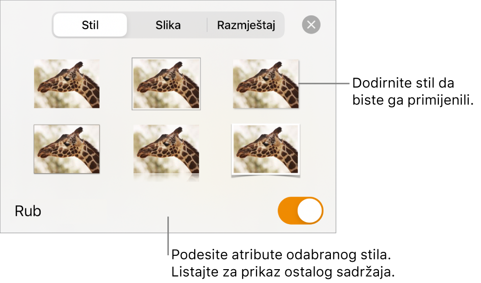 Prozor Stil tipke Formatiraj sa stilovima objekta na vrhu i kontrola ispod njih za promjenu ruba.