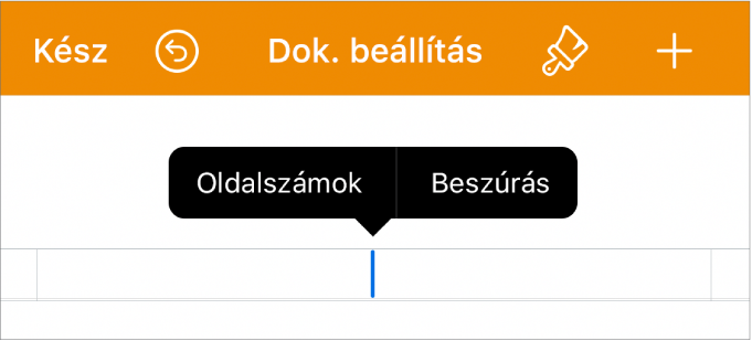 A Dokumentumbeállítás ablak a fejlécmezőben található beszúrási ponttal és egy előugró menüvel, amely a következő két menüelemet tartalmazza: Oldalszámok és Beszúrás.