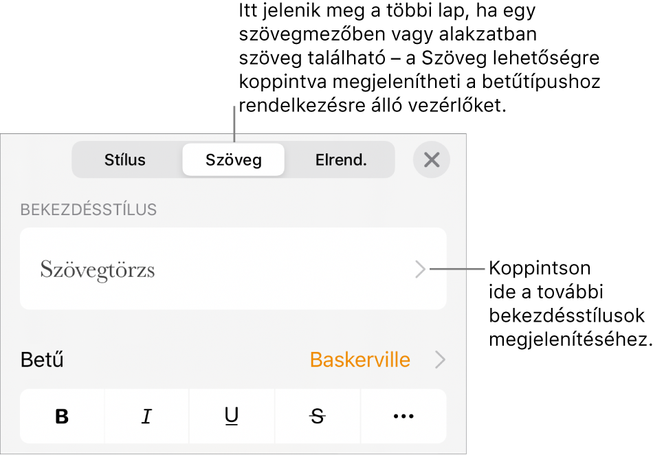A Formátum menü a bekezdés és a karakterek stílusának, betűtípusának, méretének és színének beállítására szolgáló vezérlőkkel.