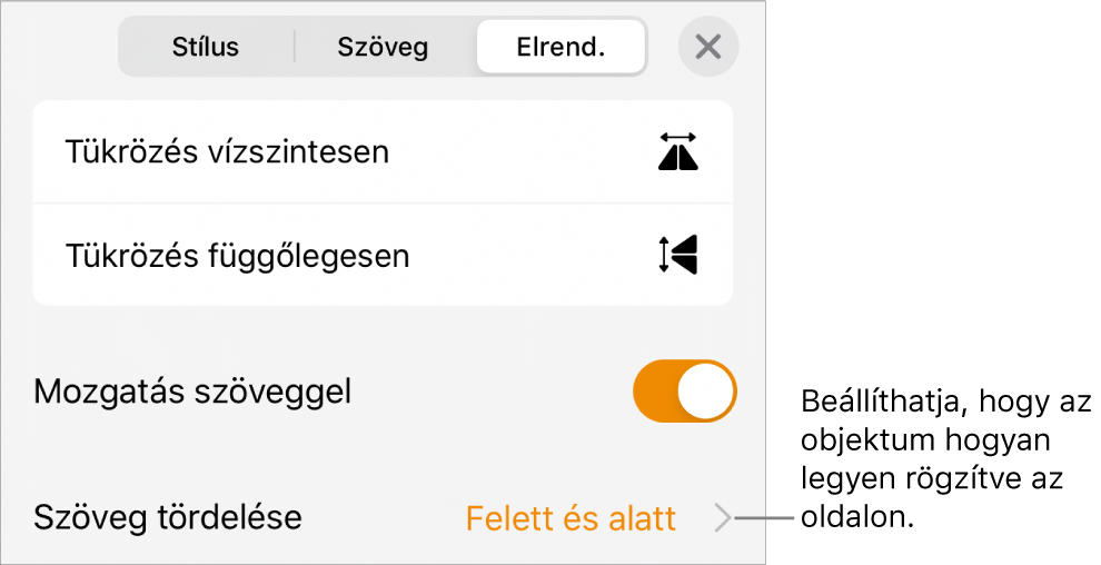 Az Elrendezés vezérlők a következőkkel: Mozgatás szöveggel és Szöveg tördelése.