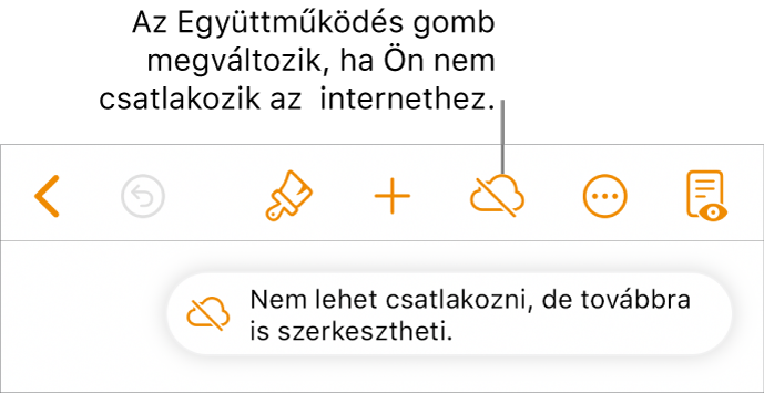 Gombok a képernyő tetején, amelyek közül az Együttműködés gomb egy áthúzott felhőre módosul. Figyelmeztetés a képernyőn: „Offline módban van, de folytathatja a szerkesztést”.