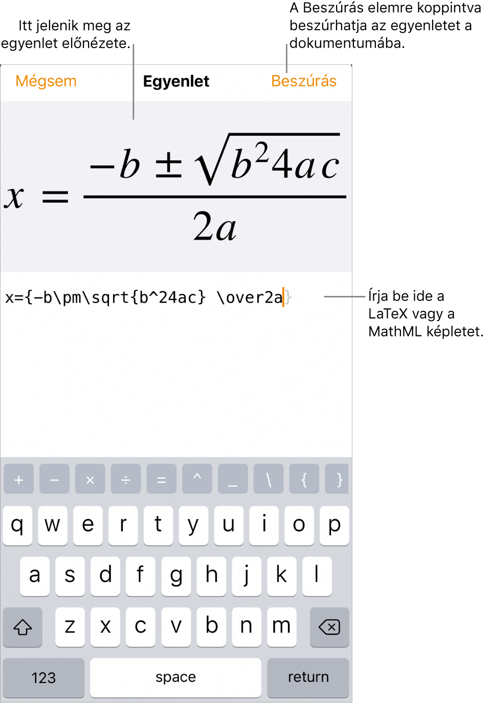 Az Egyenlet szerkesztése párbeszédpanel, amelyen a LaTeX-parancsok használatával írt másodfokú egyenlet megoldóképlete látható, felül pedig az egyenlet előnézete.