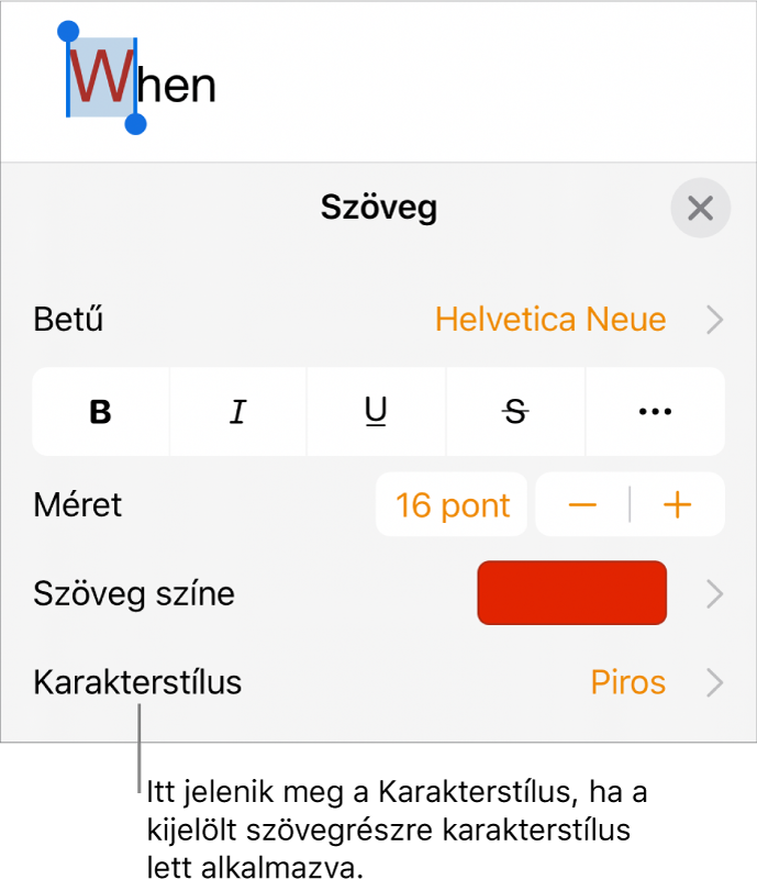 A Szövegformázás vezérlők a Karakterstílussal a Színek vezérlői alatt. A Nincs karakterstílus látható egy csillag szimbólummal.