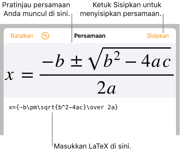 Formula kuadratik yang ditulis menggunakan LaTeX di bidang Persamaan, dan pratinjau formula di bawah ini.