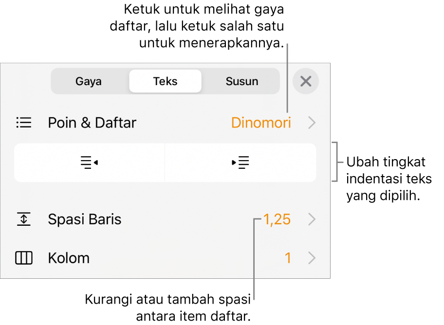 Kontrol Format dengan keterangan ke menu Poin & Daftar, tombol indentasi. dan kontrol spasi baris.