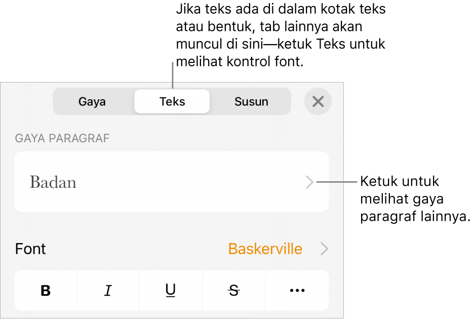 Menu Format menampilkan kontrol teks untuk mengatur paragraf dan gaya karakter, font, ukuran, dan warna.