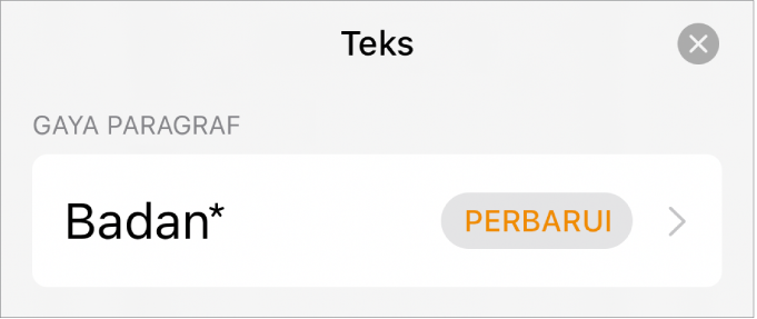 Gaya paragraf dengan asterisk di sampingnya dan tombol Perbarui di sebelah kanan.