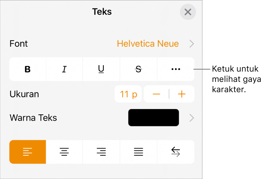 Kontrol Format dengan tombol Tebal, Garis Bawah, Coret, dan Pilihan Teks Lainnya.