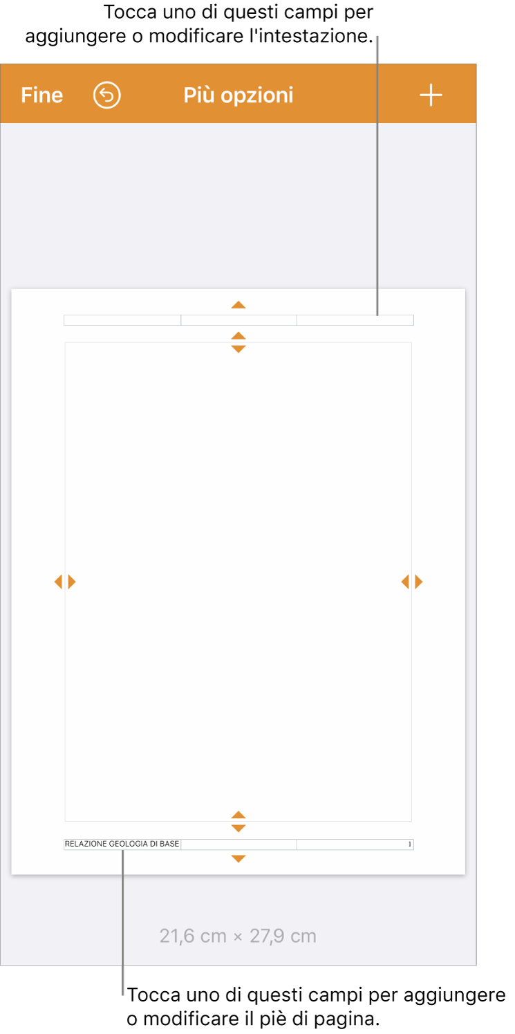 La vista “Altre opzioni” con tre campi nella parte superiore del documento per le intestazioni e tre campi nella parte inferiore per i piè di pagina.