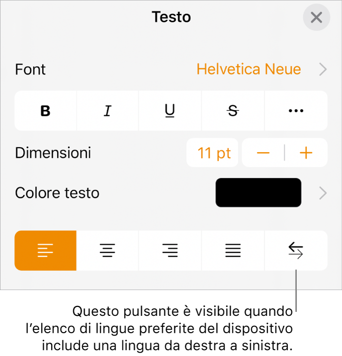 Controlli del testo nel menu Formato con una didascalia che indica il pulsante “Da destra a sinistra”.