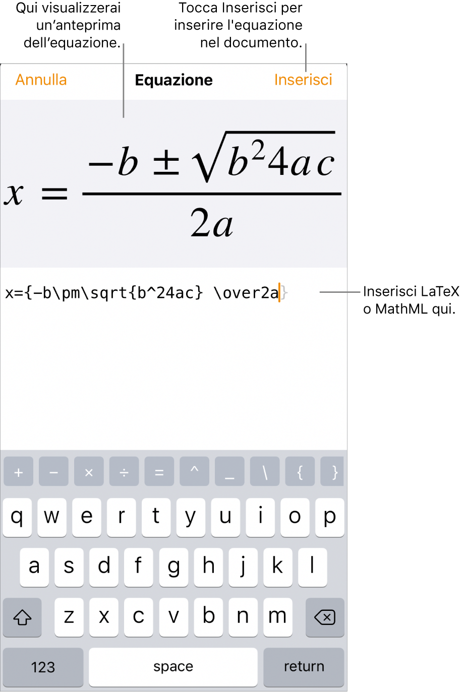 La finestra di dialogo Equazione che mostra la formula quadratica scritta tramite comandi LaTeX e un'anteprima della formula sopra.