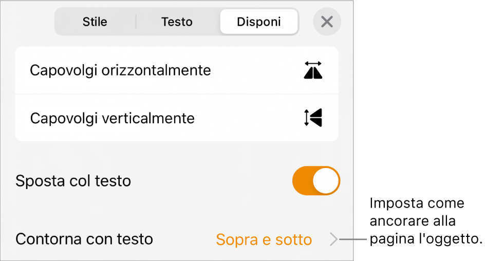 Controlli di Disposizione con “Sposta col testo” e “Disposizione testo”.