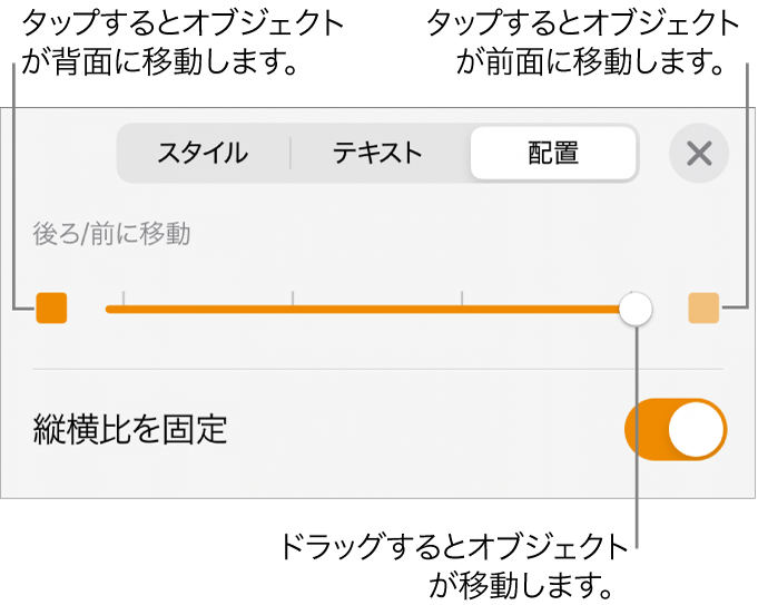 後ろに移動ボタン、前に移動ボタン、およびレイヤーのスライダ。