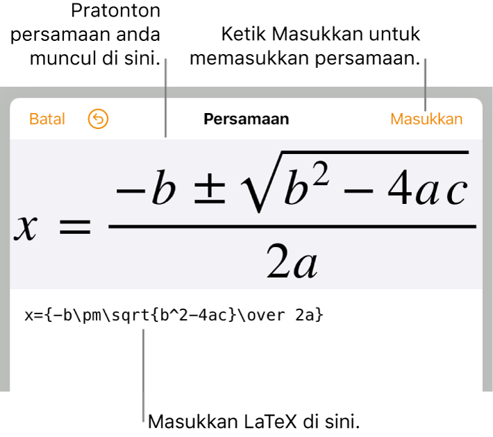 Formula kuadratik ditulis menggunakan LaTeX dalam medan Persamaan dan pratonton formula di bawah.