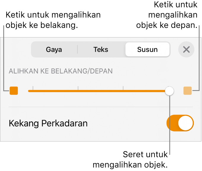 Butang Bergerak Ke Depan, butang Bergerak Ke Belakang dan gelangsar lapisan.