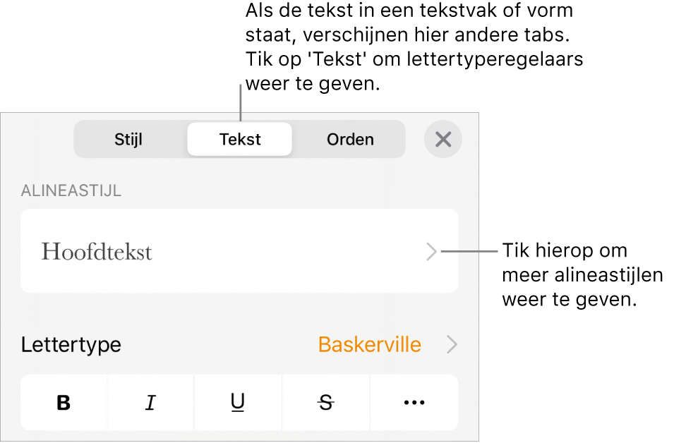 Het opmaakmenu met tekstregelaars voor het instellen van alinea- en tekenstijl, lettertype, lettergrootte en kleur.