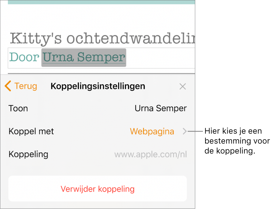 De regelaars voor linkinstellingen met een veld 'Tekst', 'Koppel met' (ingesteld op 'Webpagina') en een veld 'Link'. Onder aan de regelaars staat de knop 'Verwijder link'.