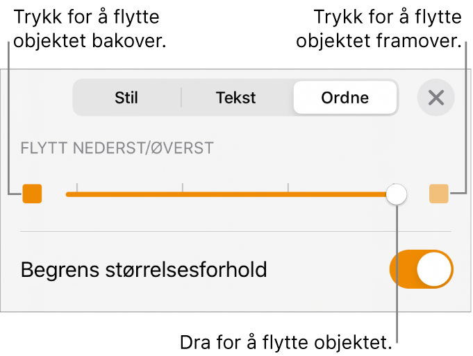 Flytt bakover-knappen, Flytt framover-knappen og skyveknappen for lagdeling.