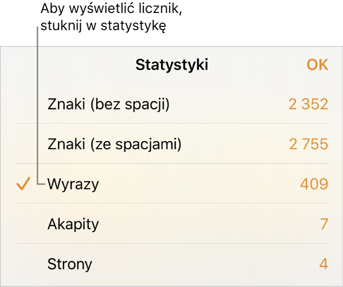 Menu Statystyki zawierające opcje pozwalające na wybranie wyświetlania liczby znaków ze spacjami i bez spacji, liczby wyrazów, liczby akapitów oraz liczby stron.