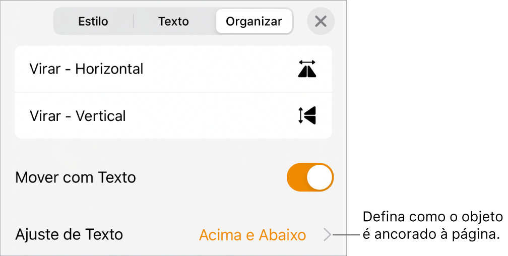 Controles em Organizar, com “Mover com Texto” e “Ajuste de Texto”.