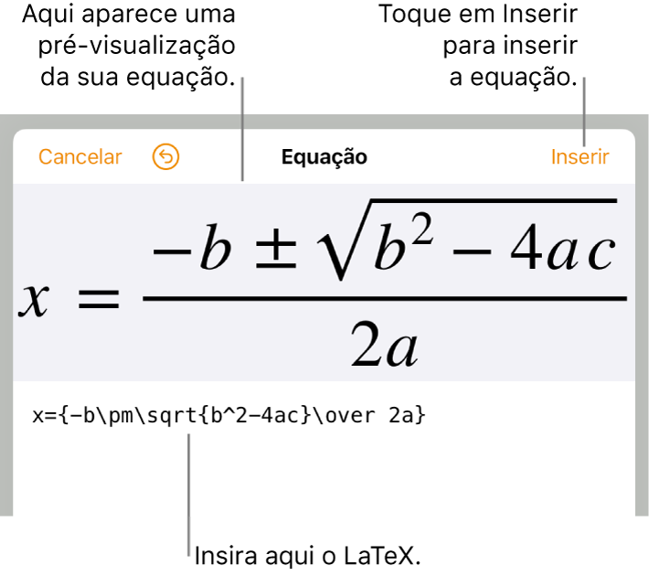 A fórmula quadrática escrita com LaTeX no campo Equação e uma pré-visualização da fórmula abaixo.