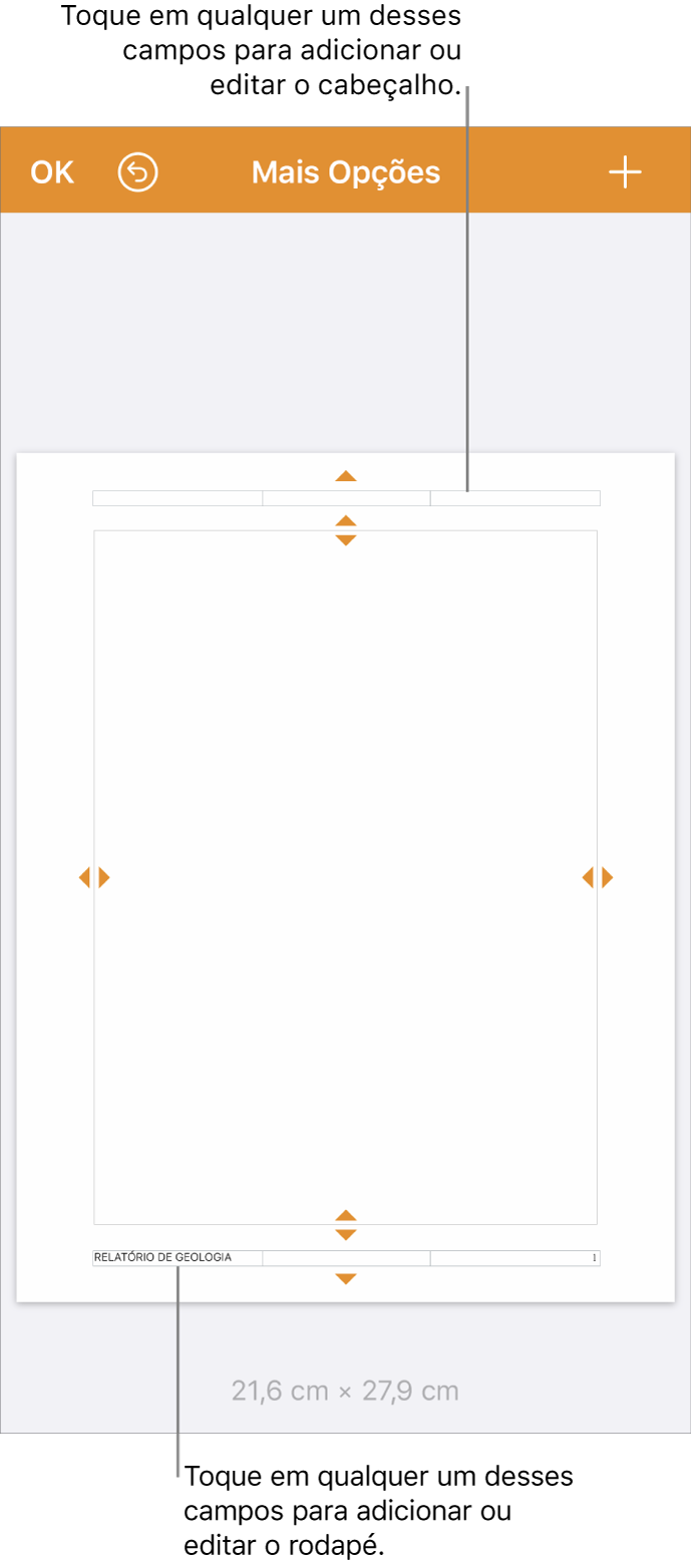Visualização Mais Opções, com três campos na parte superior do documento para o cabeçalho e três campos na parte inferior para o rodapé.