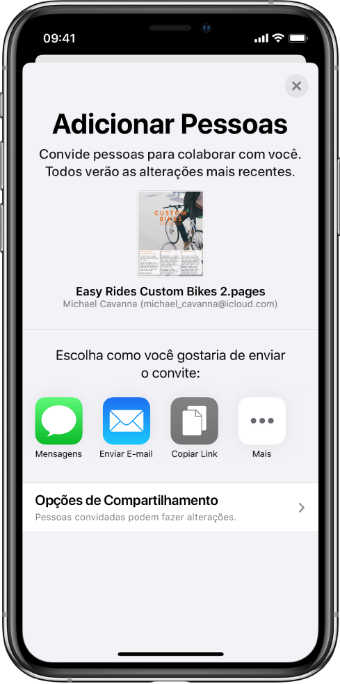 Tela Adicionar Pessoas mostrando uma imagem do documento que será compartilhado. Abaixo disso, botões das formas de envio do convite, incluindo Mensagens e Mail, Copiar Link e Mais. Na parte inferior, o botão Opções de Compartilhamento.