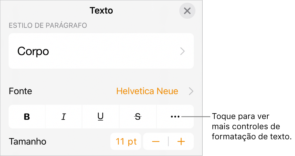 Aba Texto dos controles Formatar, com um balão explicativo para o botão “Mais opções de texto”.