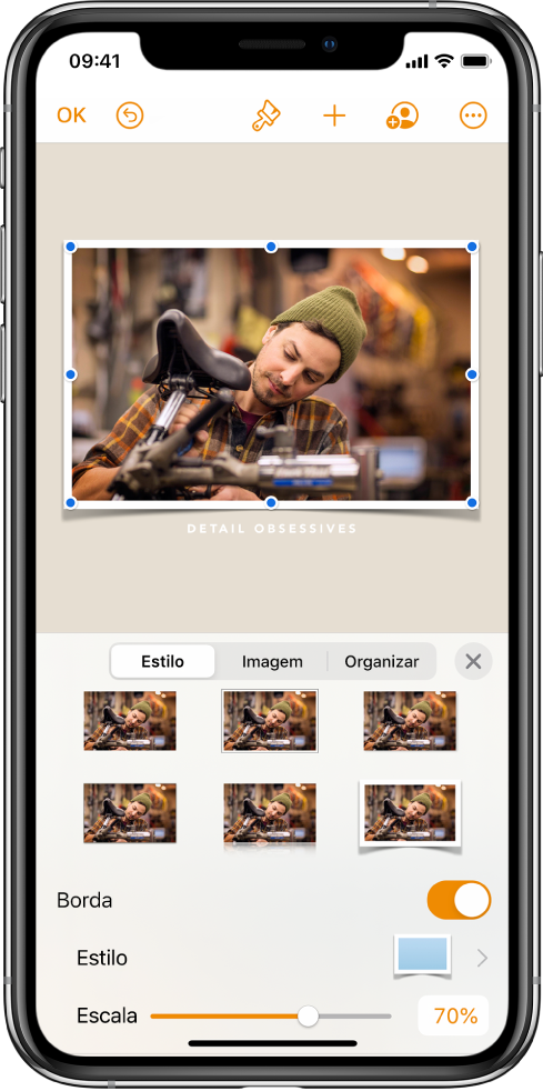 Os controles em Formatar para alterar o tamanho e a aparência da imagem selecionada. Os botões Estilo, Imagem e Organizar se encontram acima dos controles.