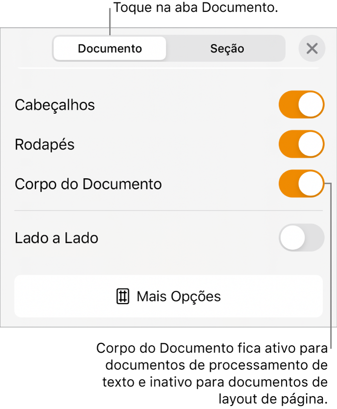Controles de formatação Documento, com “Corpo do Documento” ativado próximo à parte inferior da tela.