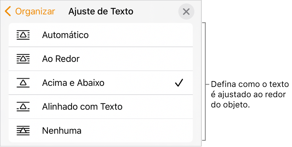 Controles em “Ajuste de Texto”, com ajustes Automático, Em Volta, “Acima e Abaixo”, “Alinhado com o Texto” e Nenhum.