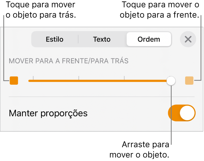 O botão “Mover para trás”, o botão “Mover para a frente” e o nivelador da camada.