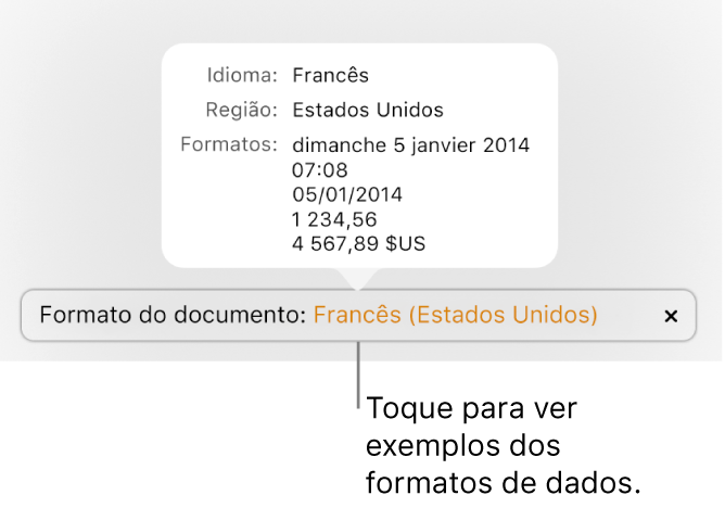 A notificação da definição diferente do idioma e região, apresentando exemplos da formatação nesse idioma e região.