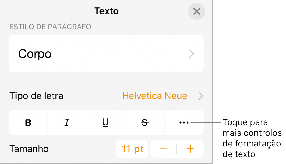 O separador Texto nos controlos de formatação com uma chamada para o botão “Mais opções de texto”.