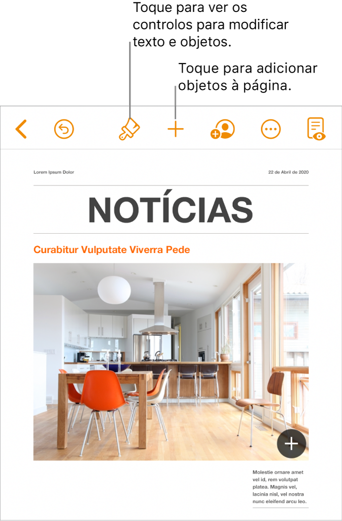 Um documento do Pages com botões na barra de ferramentas para abrir os controlos de formatação e adicionar objetos.
