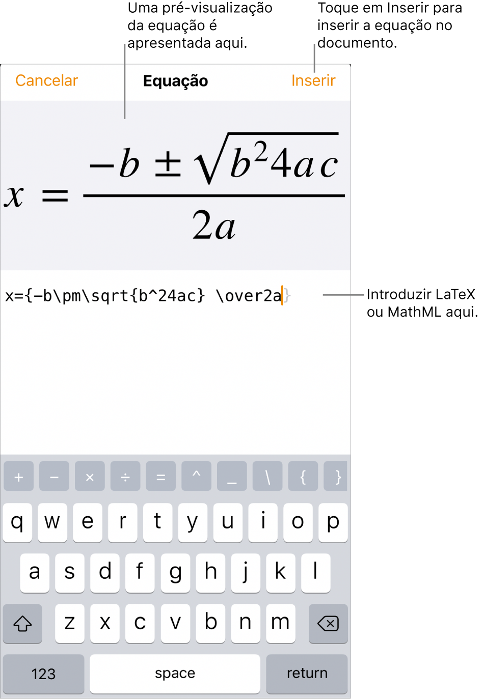 A caixa de diálogo Equação, apresentando a fórmula quadrática escrita com recurso aos comandos LaTeX e uma pré-visualização da equação em cima.