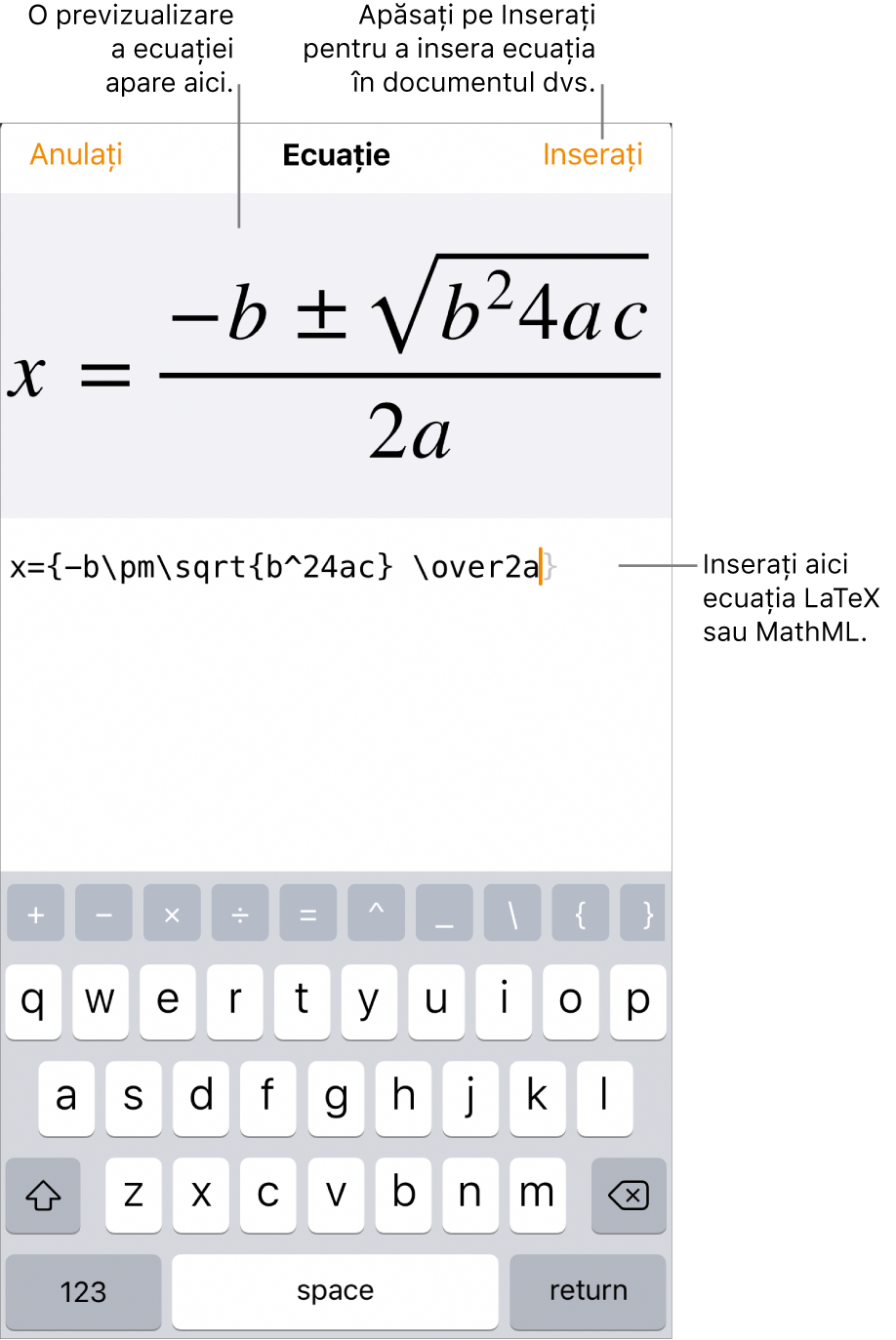 Caseta de dialog Ecuație, afișând formula cuadratică scrisă cu ajutorul comenzilor LaTeX și, deasupra, o previzualizare a formulei.