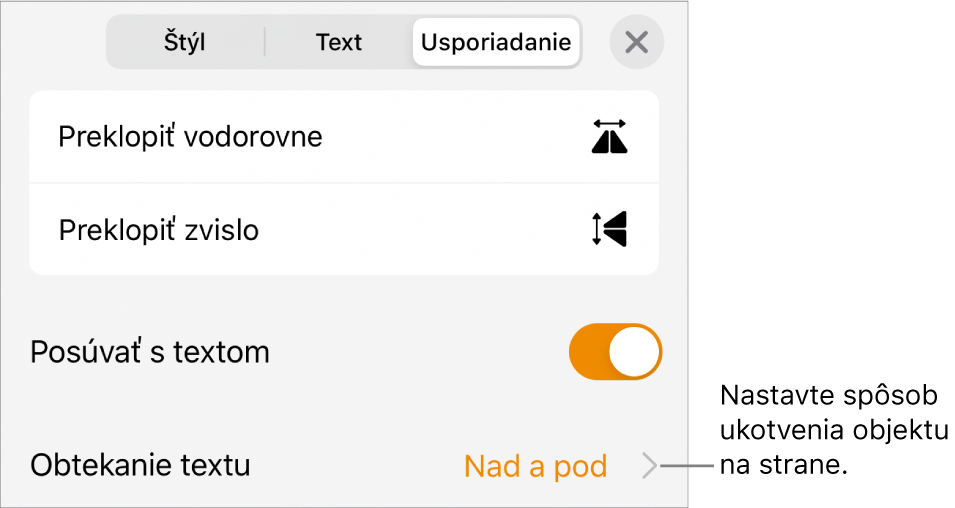 Ovládacie prvky usporiadania s možnosťami Presunúť s textom a Obtekanie textu.