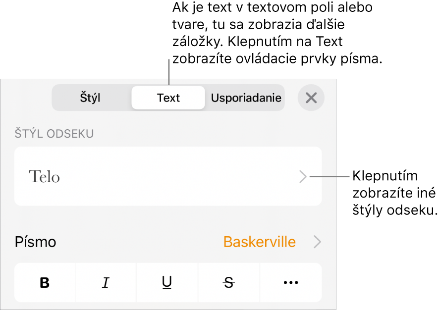 Menu Formát zobrazujúce ovládacie prvky pre nastavenie štýlov odseku a znakov, písma, veľkosti a farby.