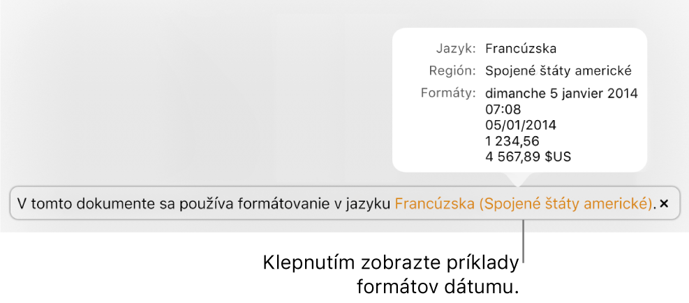 Hlásenie o inom jazyku a nastavení regiónu zobrazujúce príklady formátovania v danom jazyku a regióne.