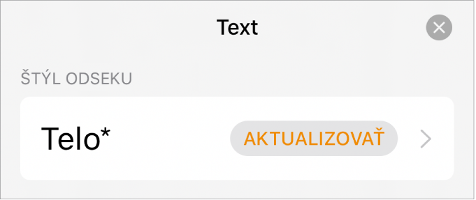 Štýl odseku s hviezdičku a tlačidlom Aktualizovať napravo.