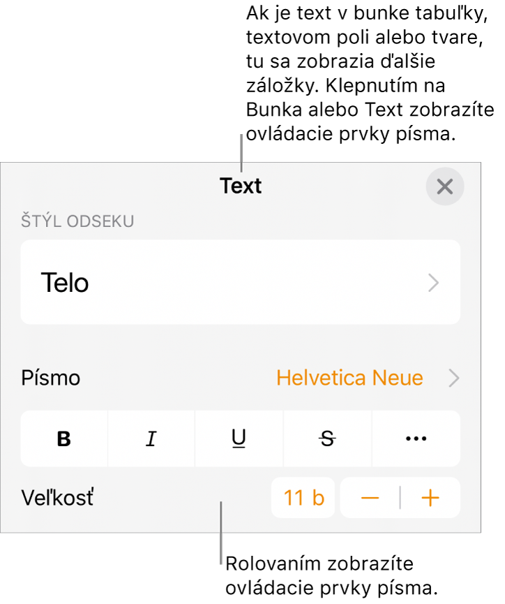 Ovládacie prvky textu v menu Formát pre nastavenie štýlov, písma, veľkosti a farby odsekov a znakov.