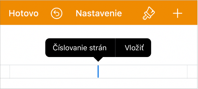 Okno Nastavenie dokumentu s kurzorom v poli hlavičky a vyskakovacie menu s dvomi položkami menu: Čísla strán a Vložiť.