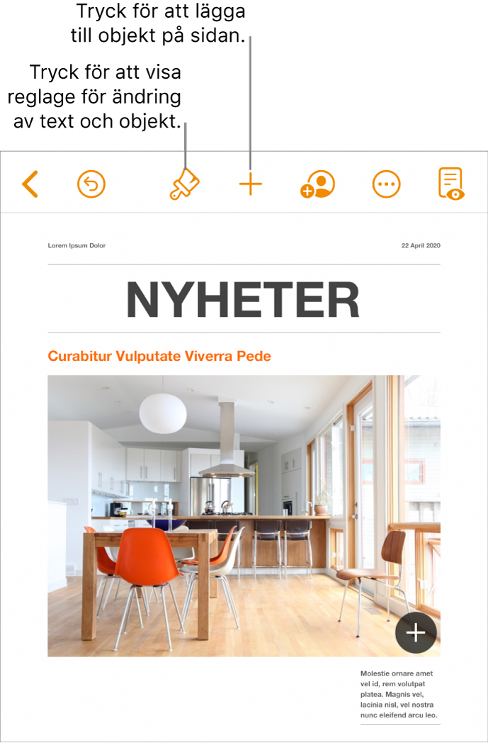 Ett Pages-dokument med knappar i verktygsfältet för att öppna formatreglagen och lägga till objekt.